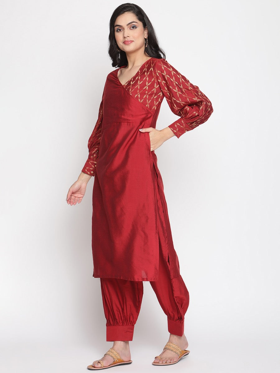 Coral-Red Overlapped Neckline Banarasi Kurta