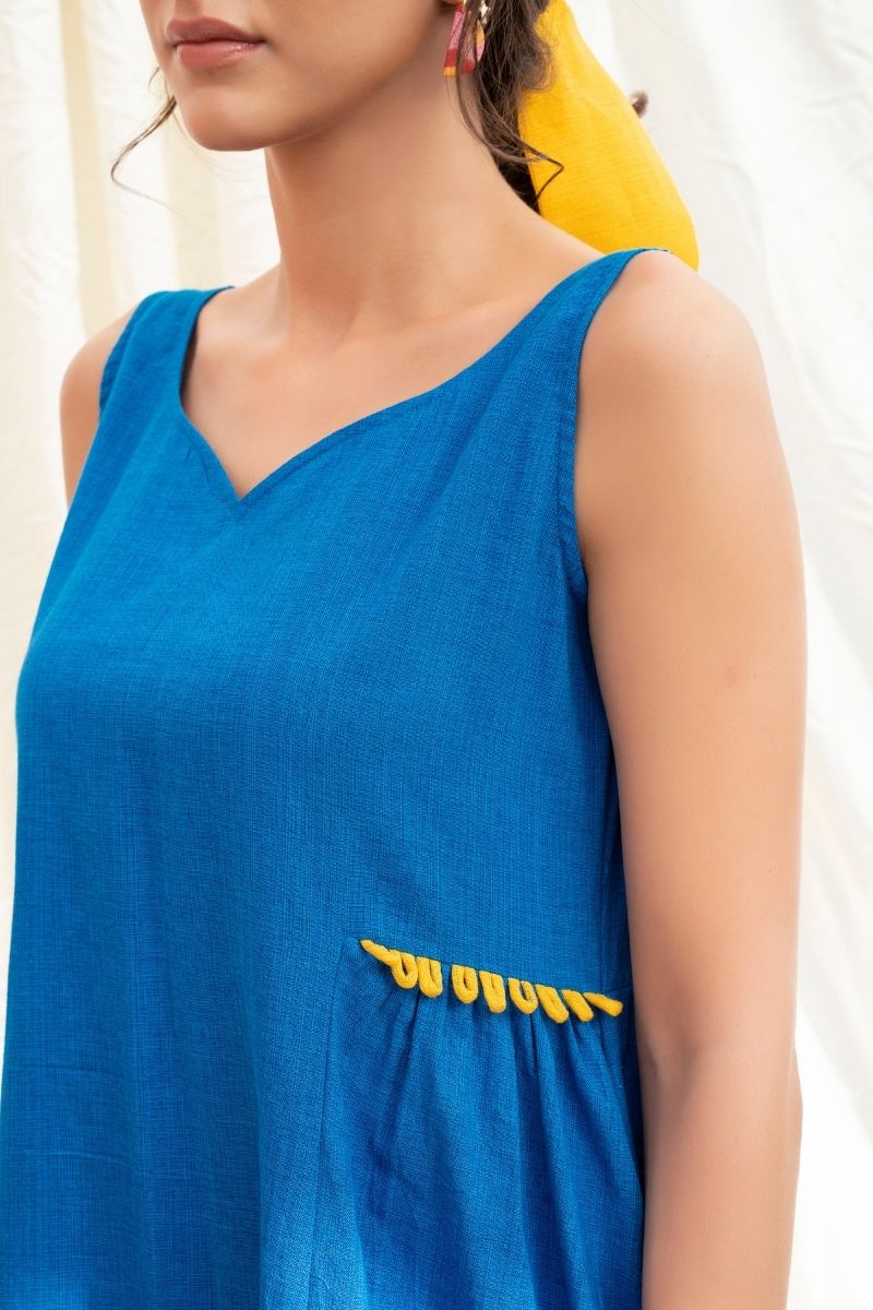 Cobalt Blue Mangalgiri Gathered Kurta With Pants