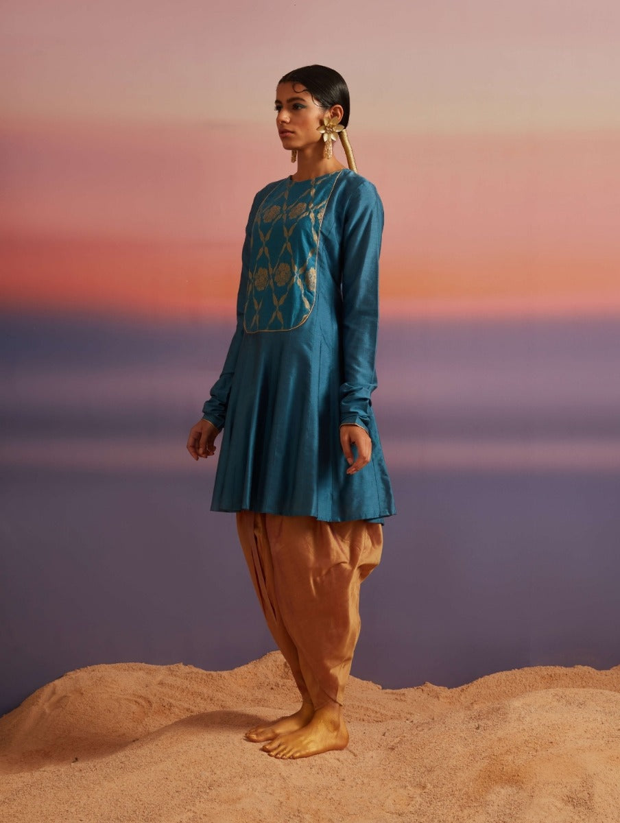 Coral-Blue Banarasi Kurti with Churidar Sleeves