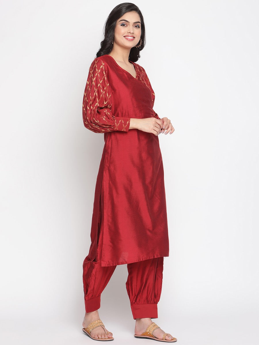 Coral-Red Overlapped Neckline Banarasi Kurta