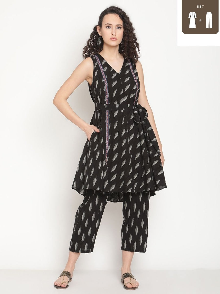 Midnight Black Ikat Kurta Paired With Straight Pants