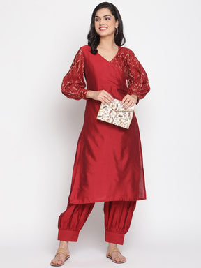 Coral-Red Overlapped Neckline Banarasi Kurta