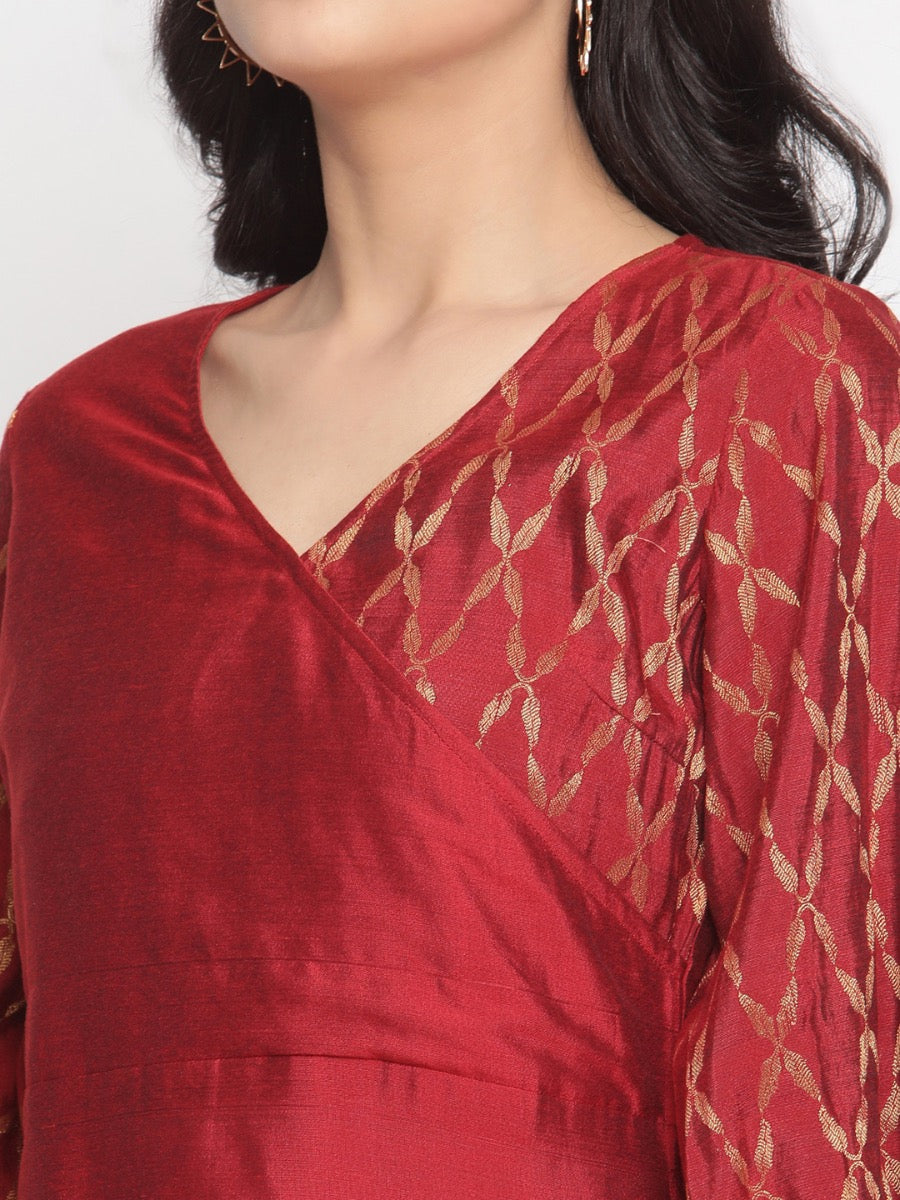 Coral-Red Overlapped Neckline Banarasi Kurta