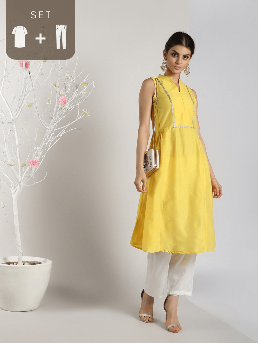 Abhishti Cotton Silk Long Yoke Detail kurta with Side panels with Bottom