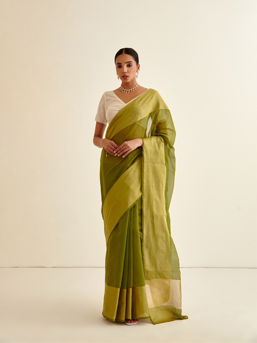 Banarasi Woven sari with contrasting border-Sheen Green