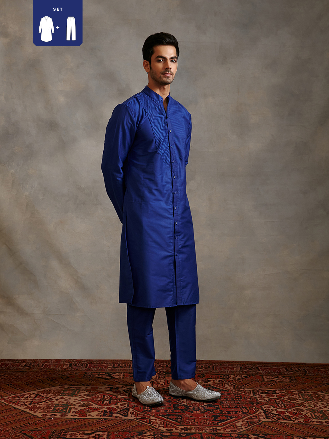 Banarasi pintuck detail kurta with straight pants-imperial blue