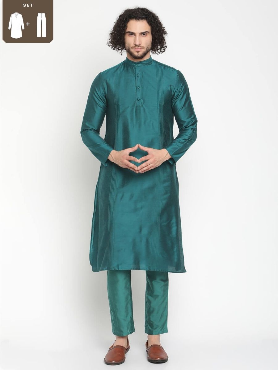 Men Coral Green Pintuck Detail Banarasi Kurta and Pyjama