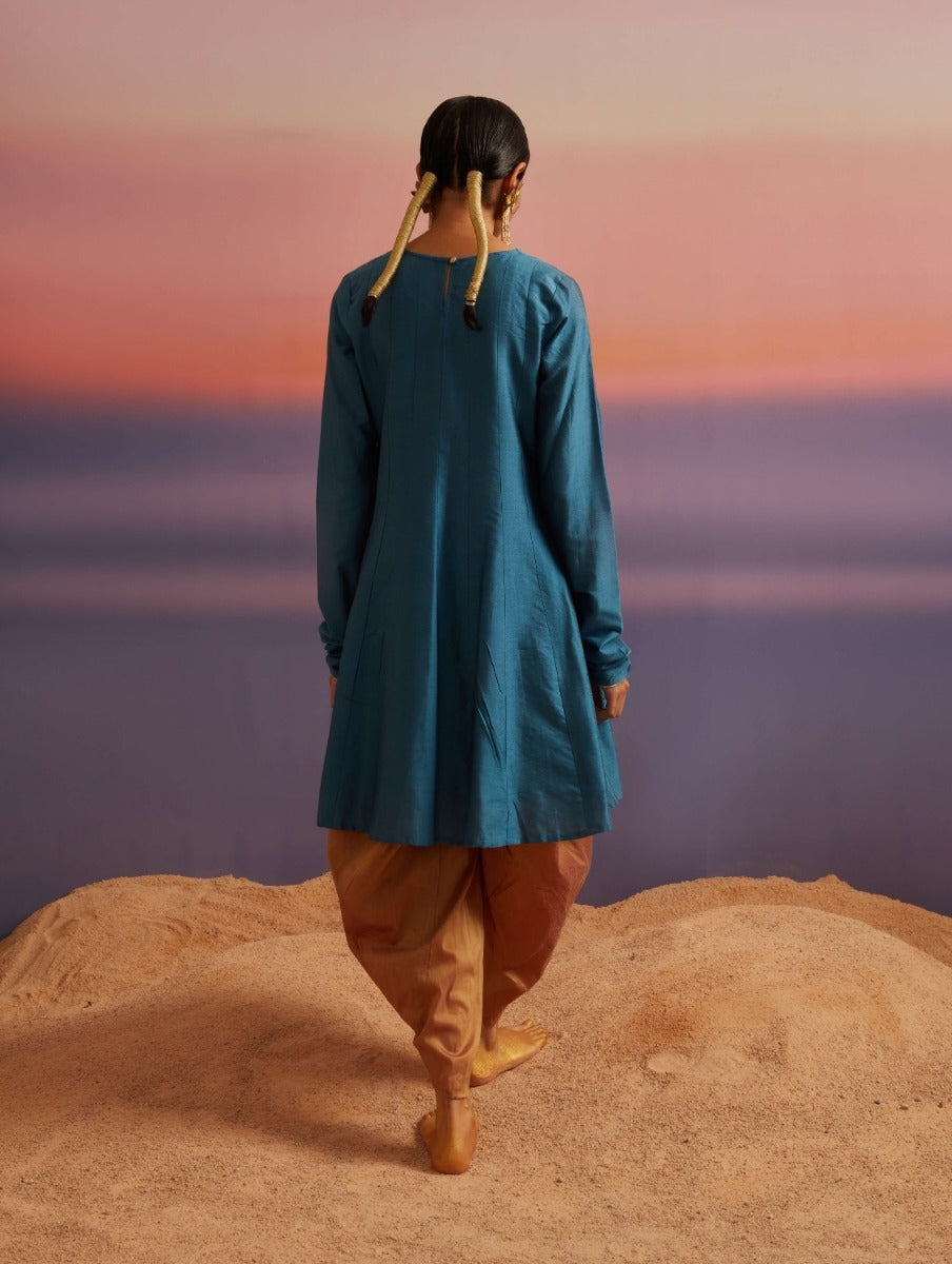 Coral-Blue Banarasi Kurti with Churidar Sleeves