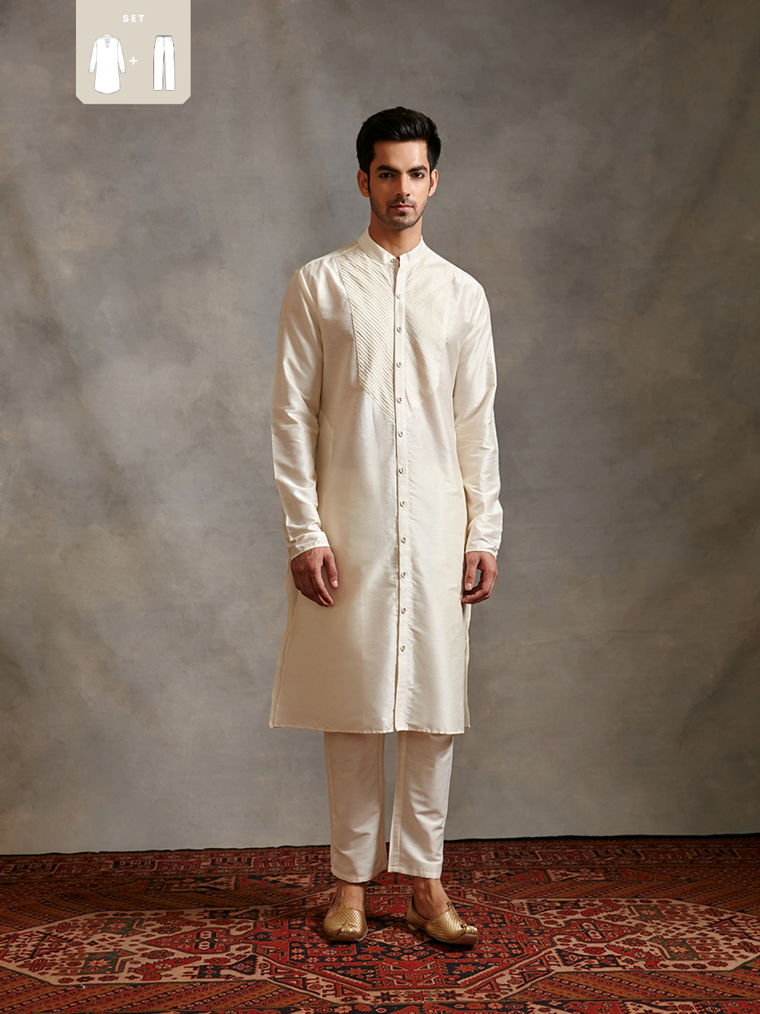 Banarasi pintuck detail kurta Set-ivory