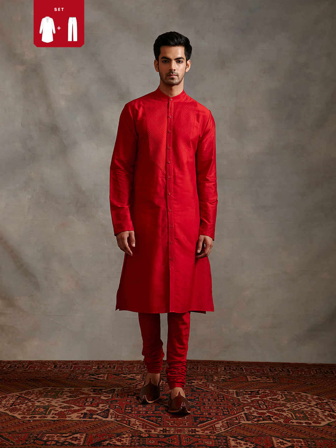 Banarasi pintuck detail kurta Set - scarlet red