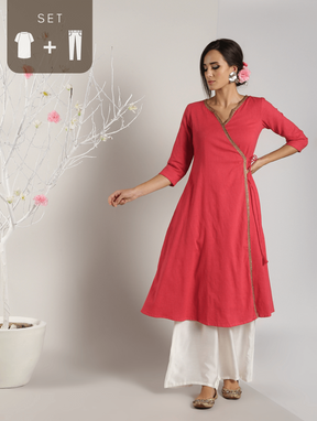 Abhishti Cotton Slub Angrakha Kurta Lace detail with Bottom