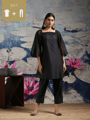 Chandheri short kurti with pleated upper yoke & billowy sleeves, along with pleated pants Black