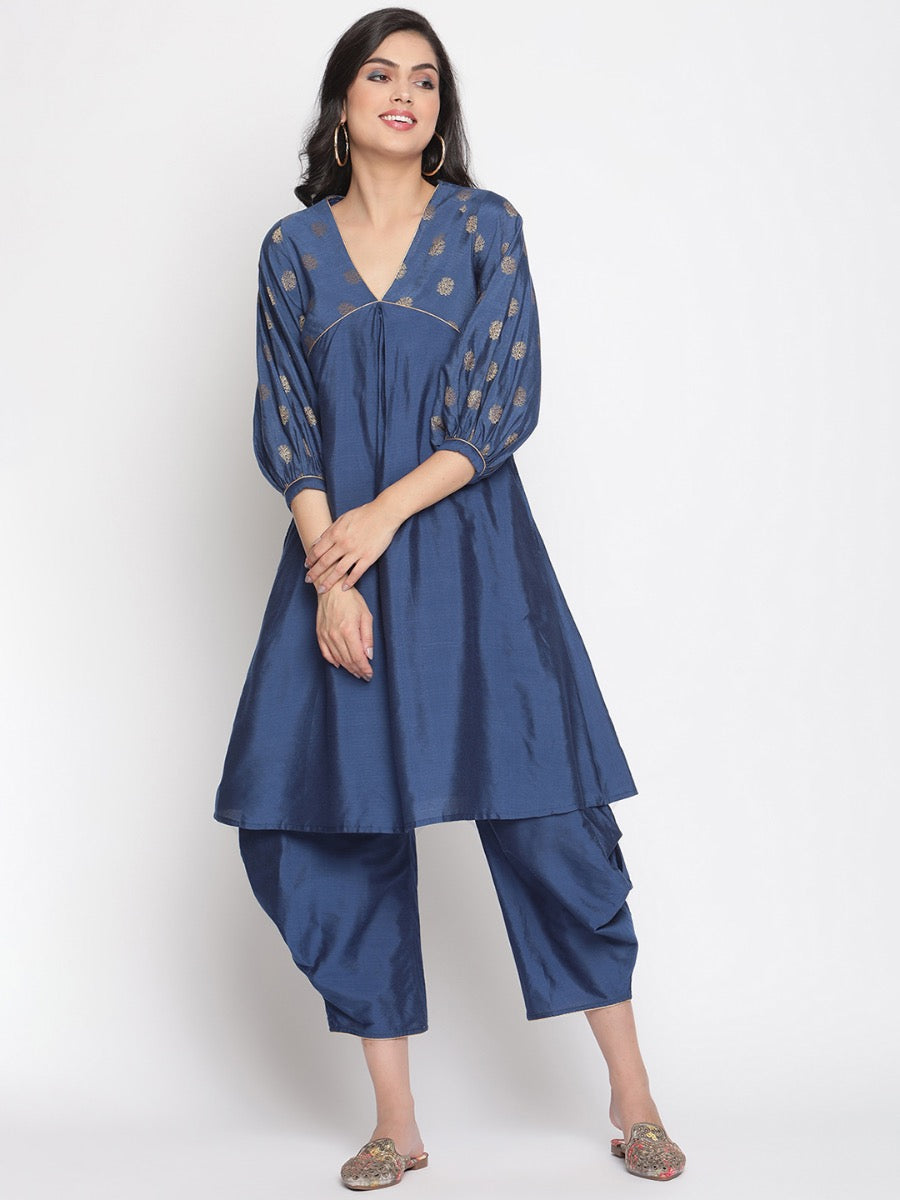 Blue-Quartz V-Neck Flared Banarasi Kurta