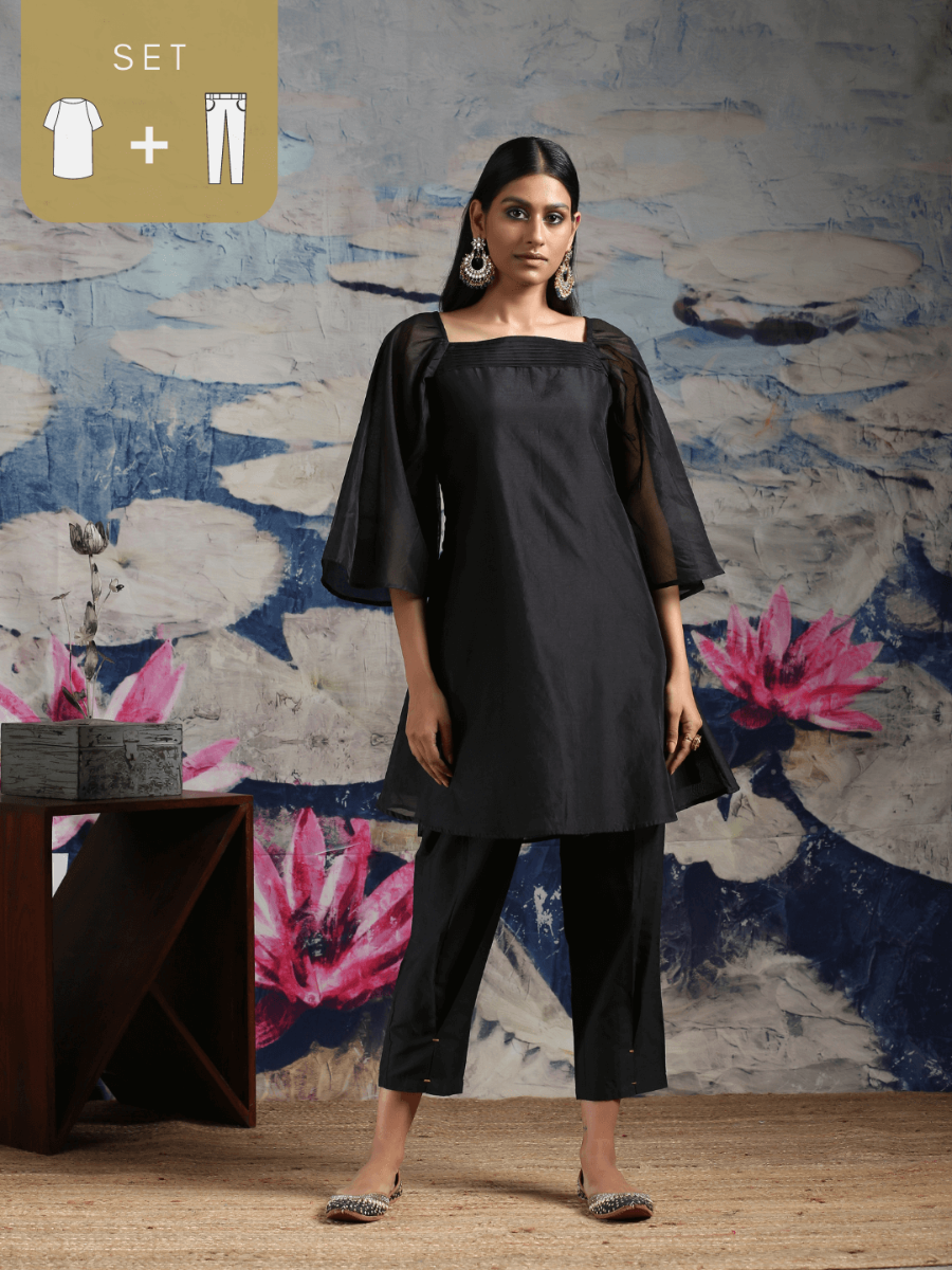 Chandheri short kurti with pleated upper yoke & billowy sleeves, along with pleated pants Black