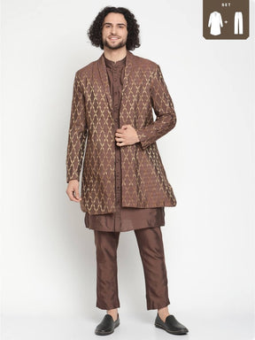 Men Brown Button Down Kurta With Jacket and Pyjama