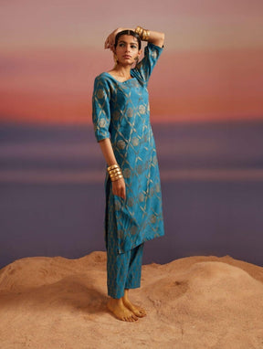 Coral Blue Banarasi Straight Kurta