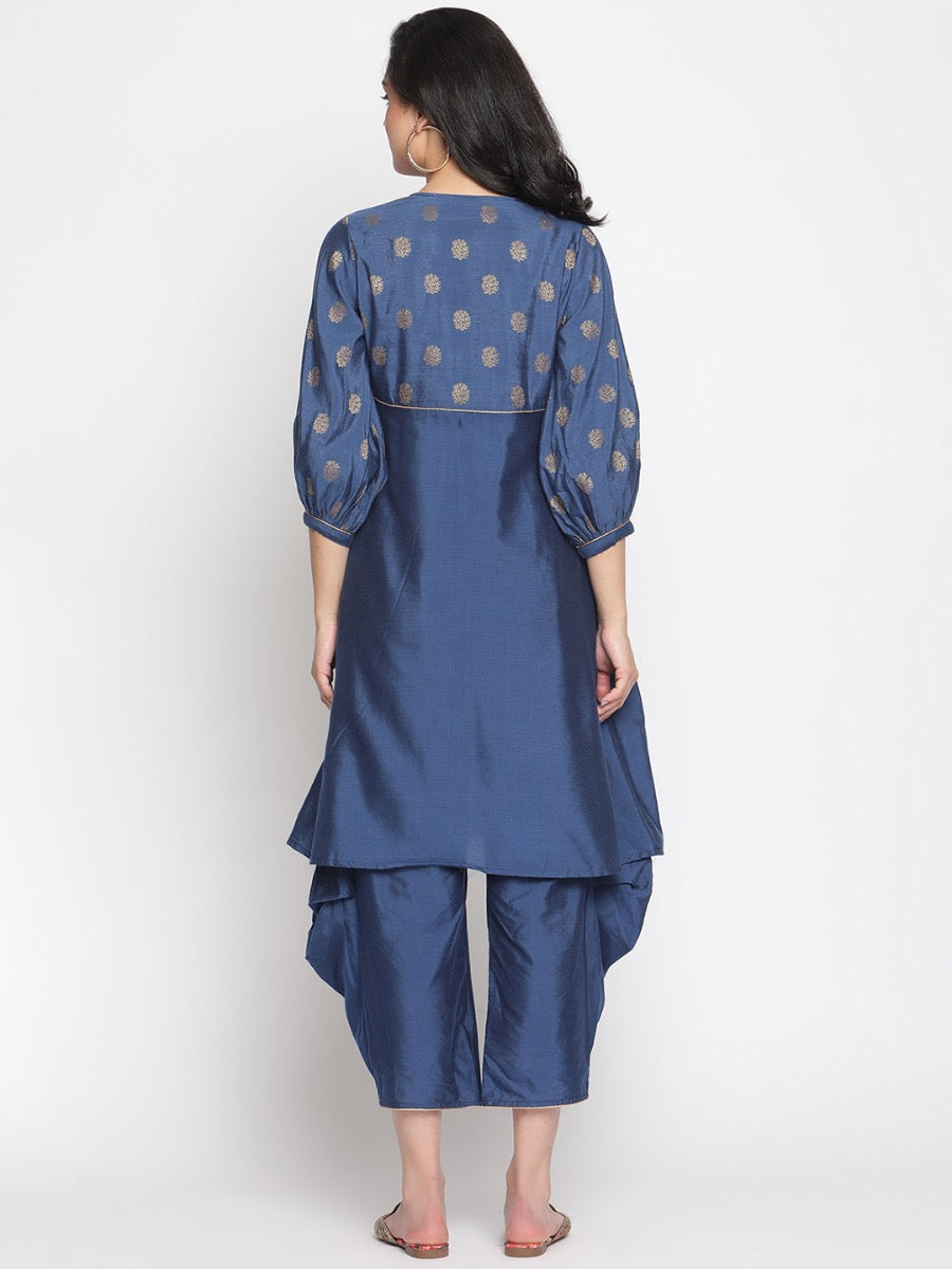 Blue-Quartz V-Neck Flared Banarasi Kurta