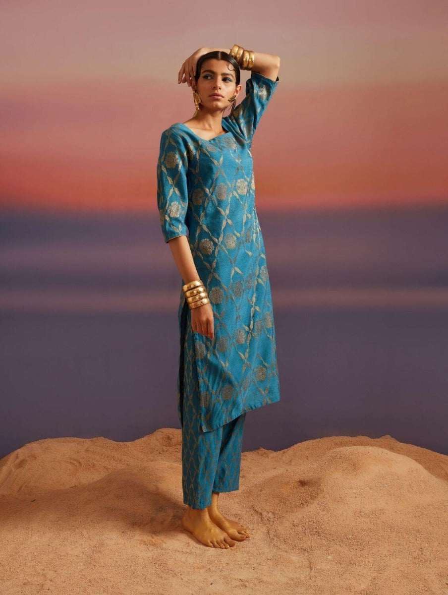 Coral Blue Banarasi Straight Kurta With Straight Pants