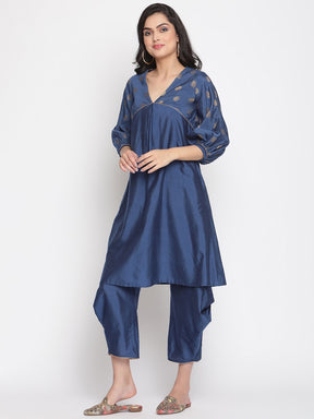 Blue-Quartz V-Neck Flared Banarasi Kurta