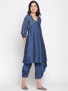 Blue-Quartz V-Neck Flared Banarasi Kurta