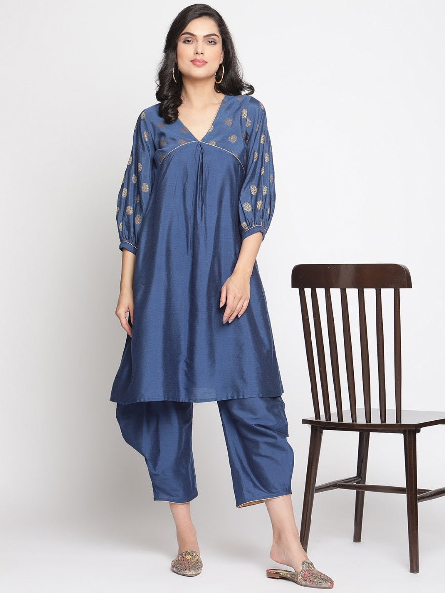 Blue-Quartz V-Neck Flared Banarasi Kurta