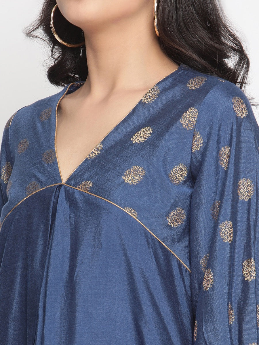 Blue-Quartz V-Neck Flared Banarasi Kurta