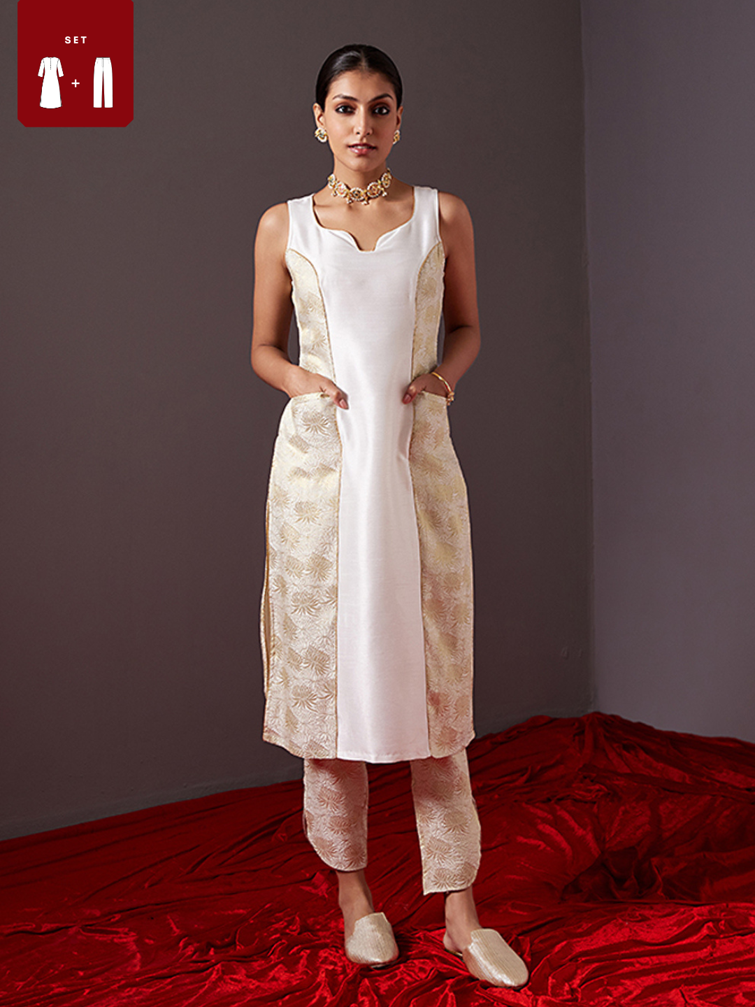 Banarasi zari paneled kurta with curved U hem pants