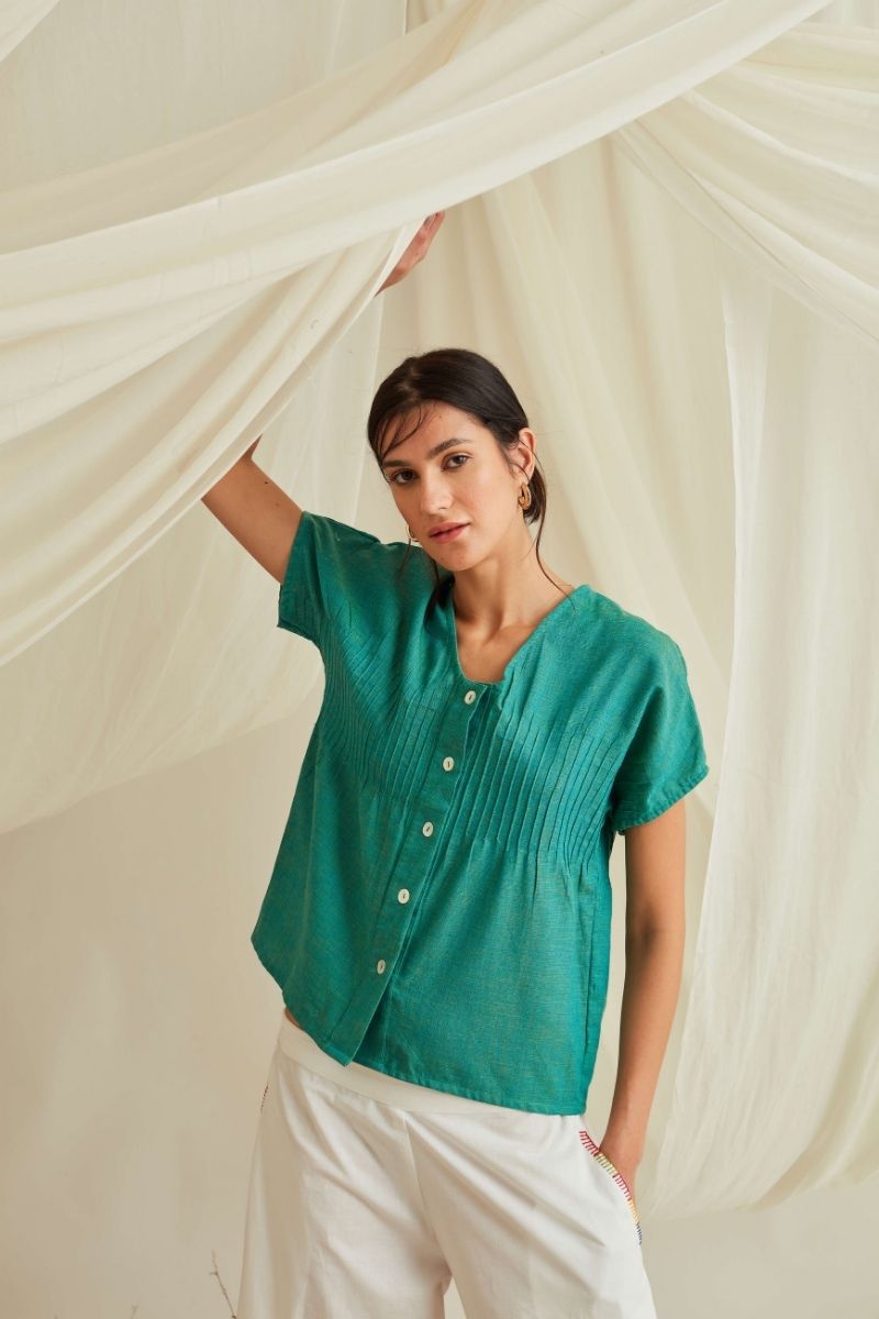 Pintucked button down top-Persian Green