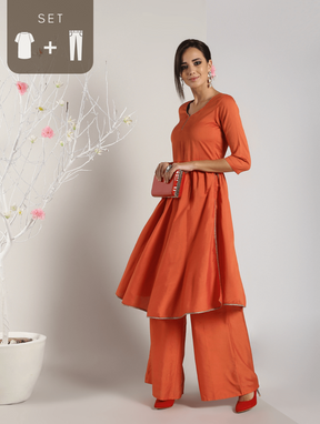 Abhishti Cotton Silk High Slit Kurta Lace detail with Bottom