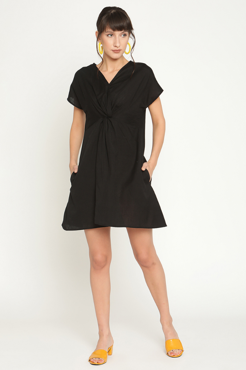 Front knot mini dress-Midnight Black