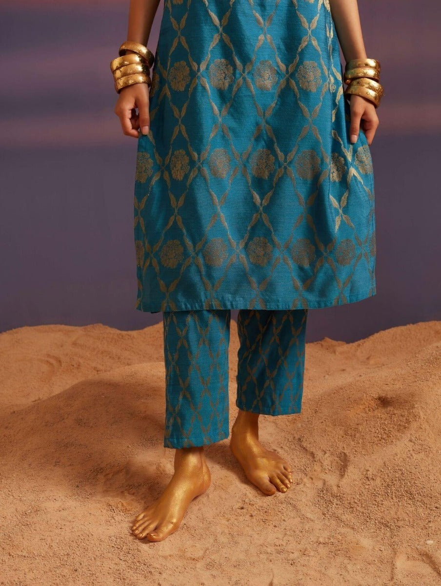 Coral Blue Banarasi Straight Kurta