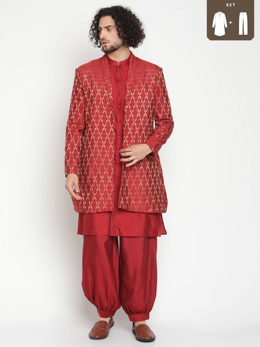 Men Red Button Down Kurta With Jacket and Pyjama