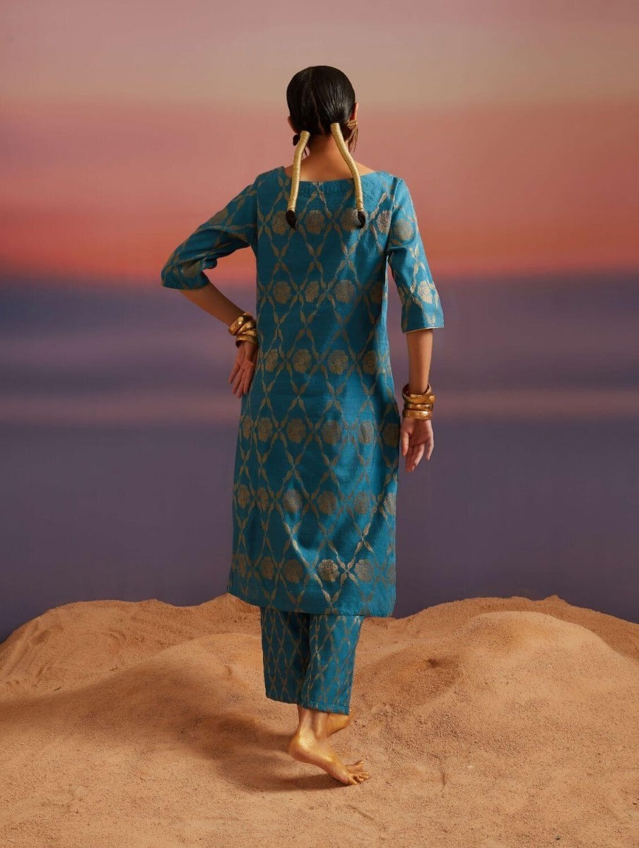 Coral Blue Banarasi Straight Kurta