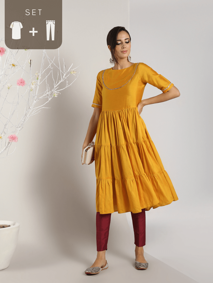 Abhishti Cotton Silk Tiered Flared Kurta with Lace Yoke detail with Bottom