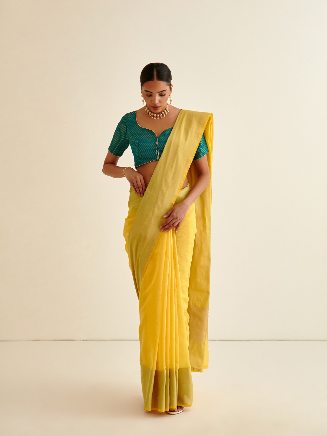 Banarasi Woven sari with soft gold contrasting border- Sunflower yellow