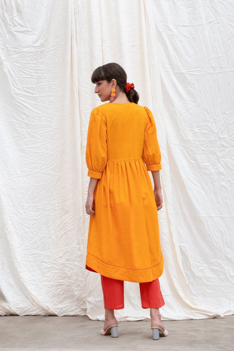Oriole Orange Mangalgiri Gathered Kurta With Pants