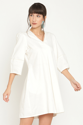 Abhishti box pleat flared dress in Mangalgiri cotton-Marshmellow White