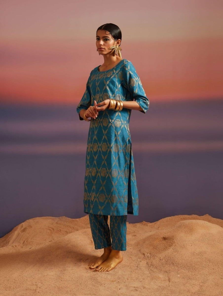 Coral Blue Banarasi Straight Kurta