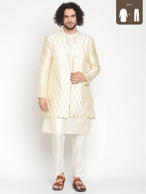 Men Ivory Button Down Kurta With Jacket and Pyjama