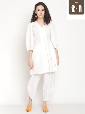 Pearl White Flared Kurta With Overlap Hem Pants