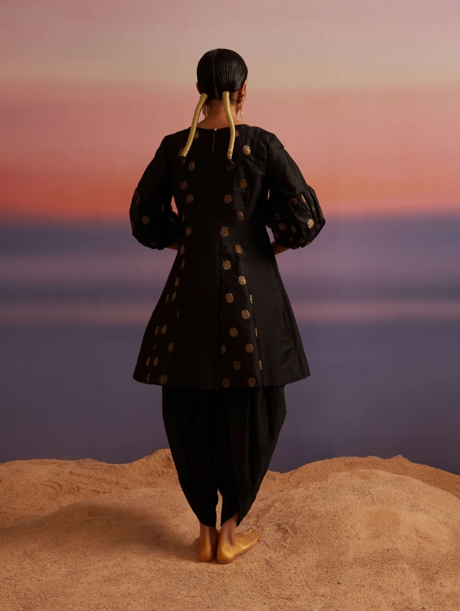 Coral Black Banarasi Kurti Set With Tulip Dhoti