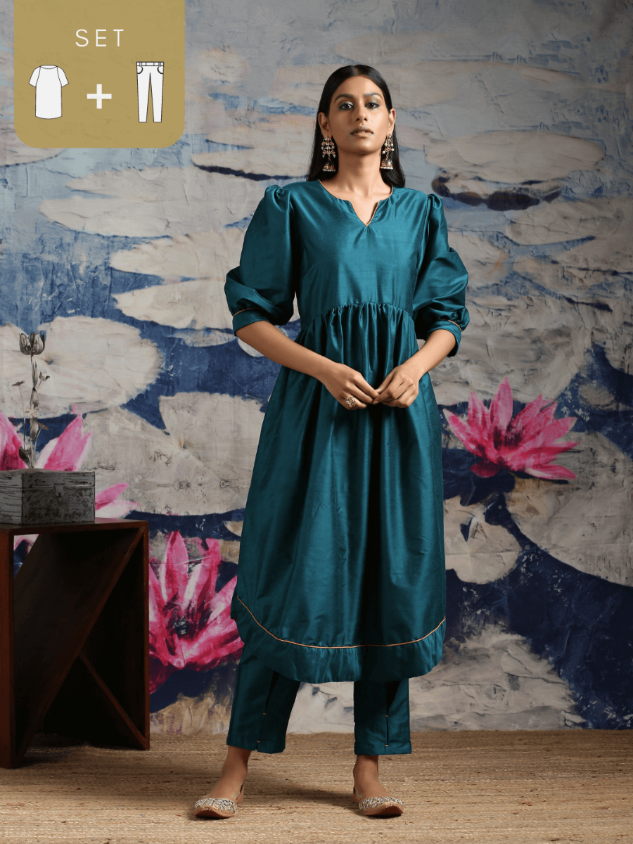 Cotton silk gathered kurta with U-hemline and contrast piping & facing, along with pleated pants Green