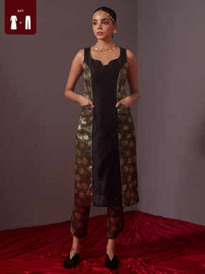 Banarasi zari paneled kurta with curved U hem pants