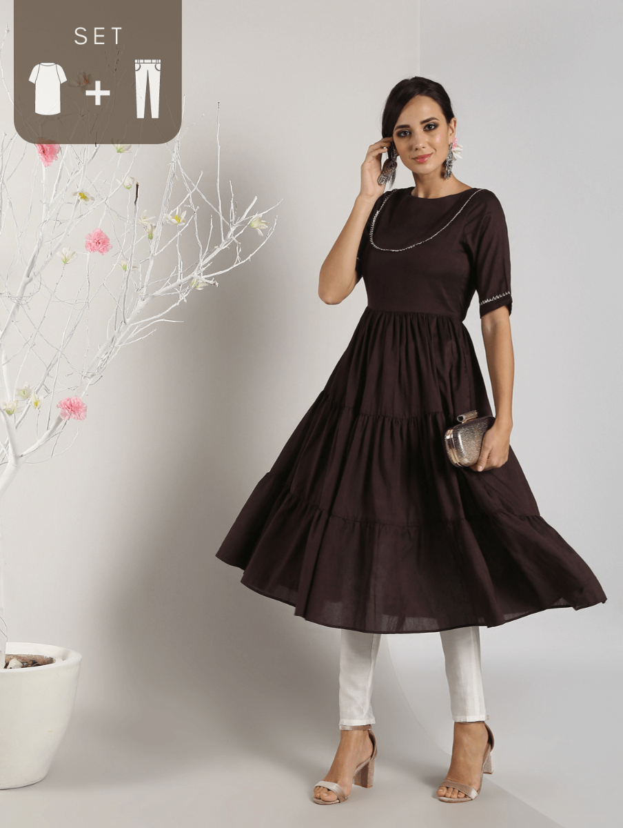 Abhishti Cotton Silk Tiered Flared Kurta with Lace Yoke detail with Bottom