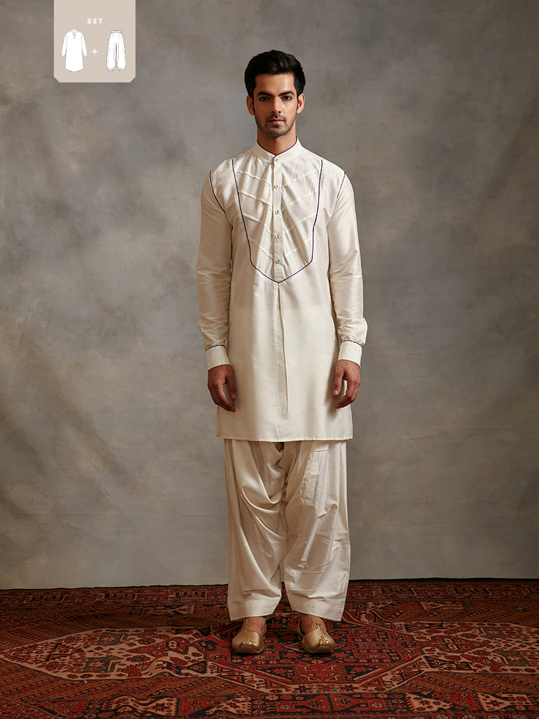 Banarasi kurta with contrasting detail paired with afghani pant-Ivory