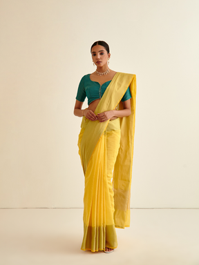 Banarasi Woven sari with soft gold contrasting border- Sunflower yellow