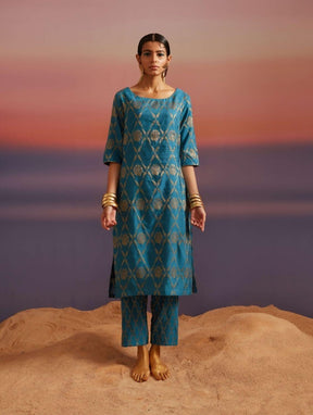 Coral Blue Banarasi Straight Kurta