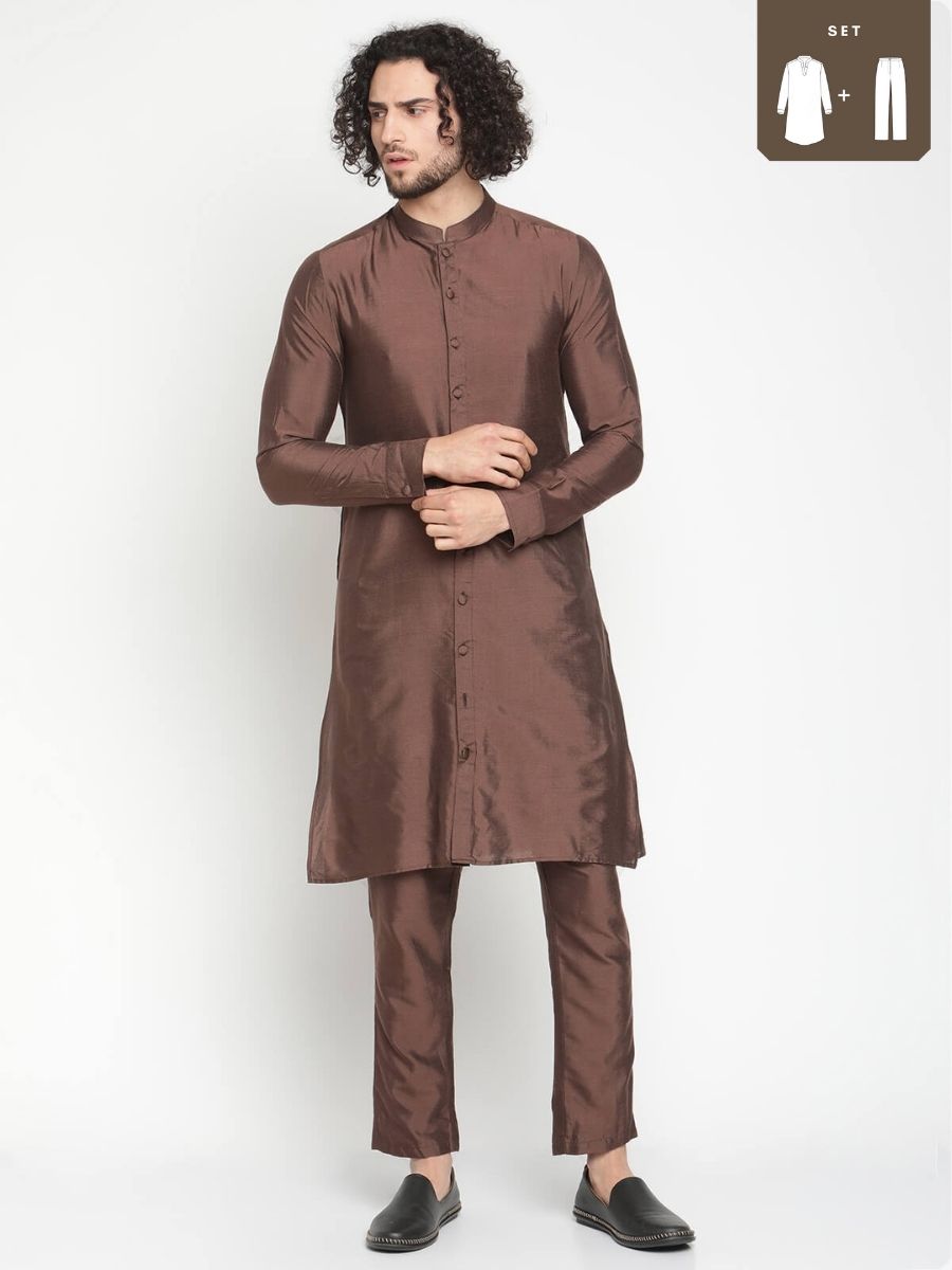 Men Brown Button Down Kurta With Pyjama