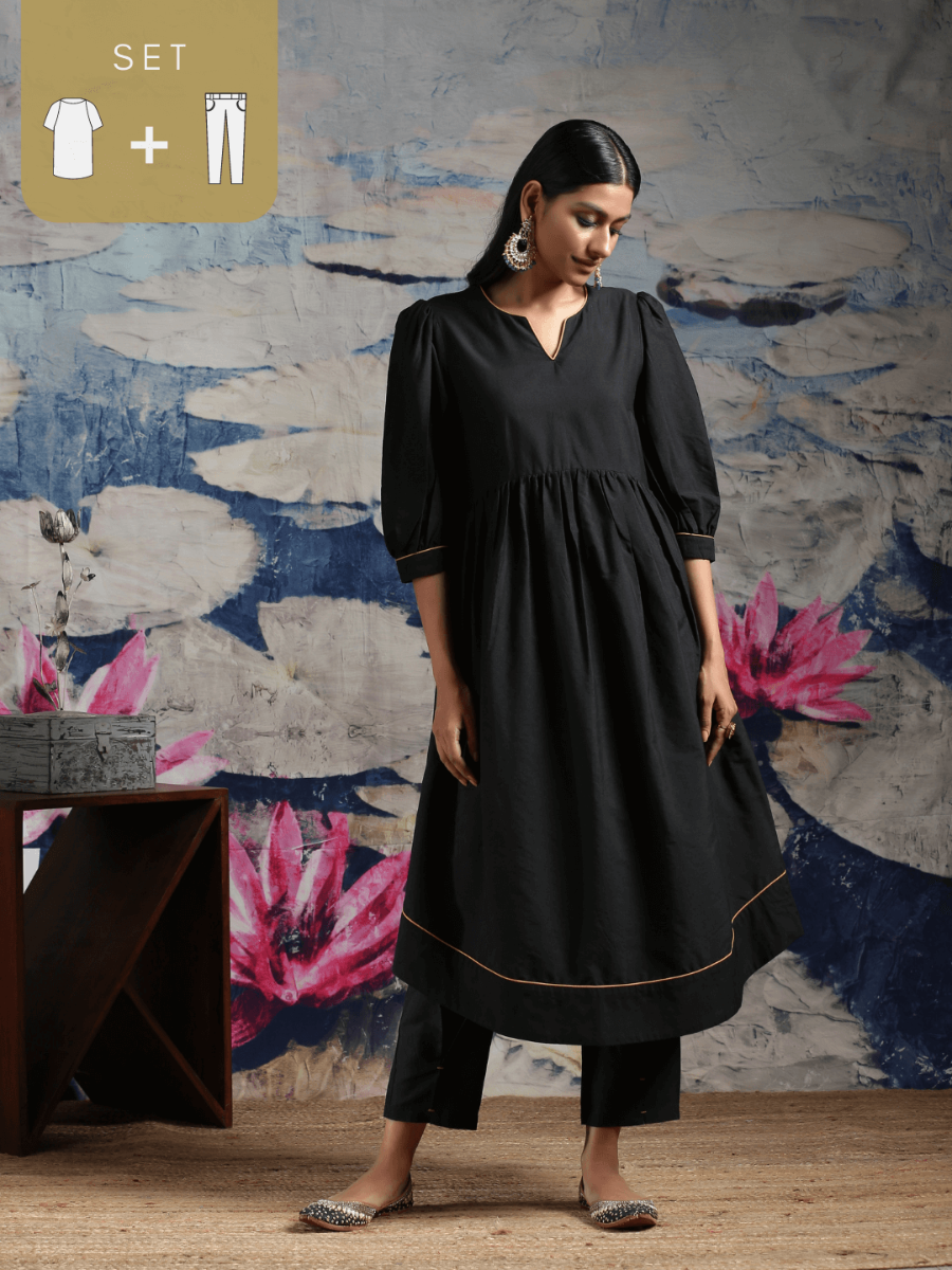 Cotton silk gathered kurta with U-hemline and contrast piping & facing, along with pleated pants Black