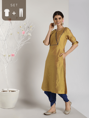 Abhishti Cotton Silk A-Line Kurta with Leheriya Lace Detail with Bottom